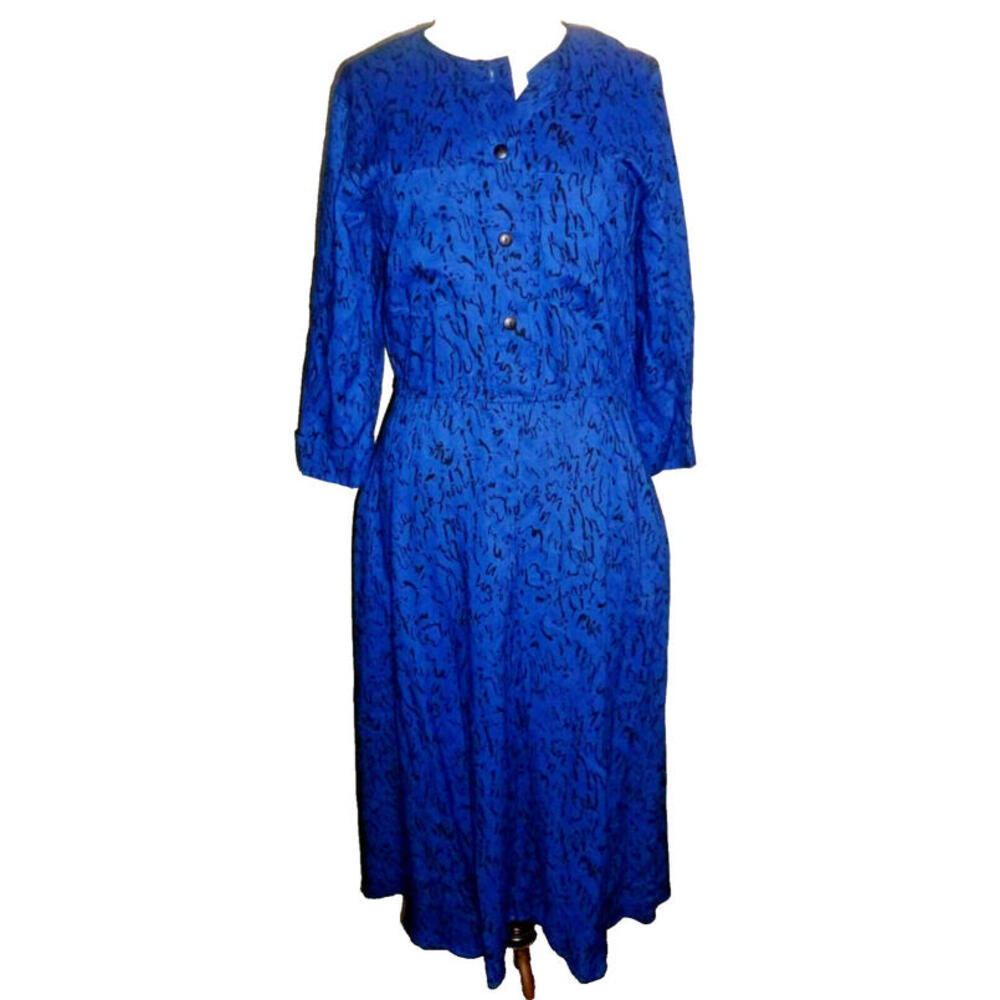 Vintage Paul Richard of California Royal Blue Abstract Print Midi Dress Sz M